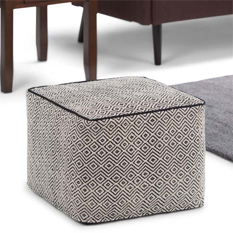 Simpli Home Brynn Boho Square Pouf in Patterned Black and Natural Cotton