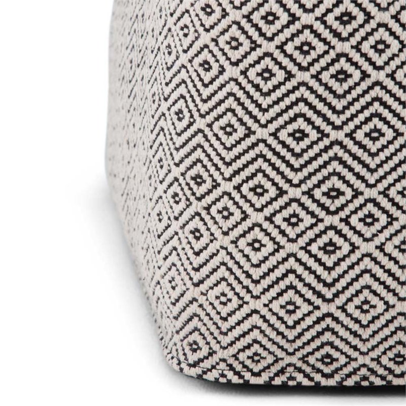 Simpli Home Brynn Boho Square Pouf in Patterned Black and Natural Cotton