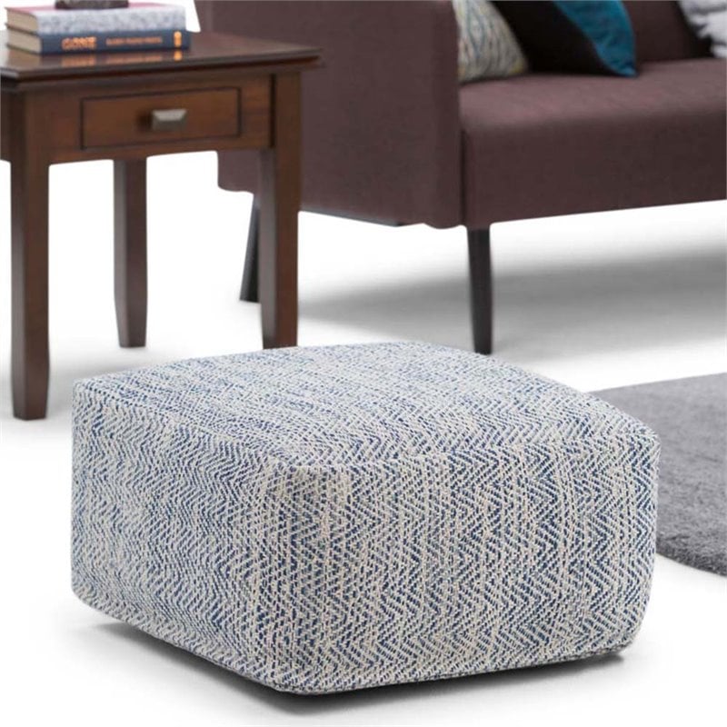 Nate Boho Square Pouf in Patterned Denim Blue Melange Cotton