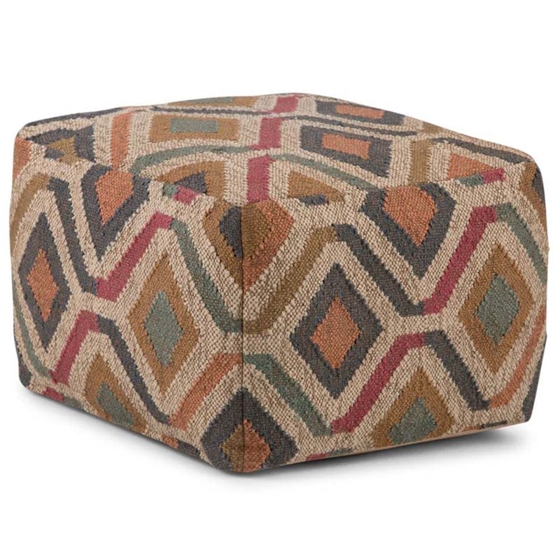 Johanna Boho Square Pouf in Multi-Color Kilim Patterned Fabric Jute and cotton