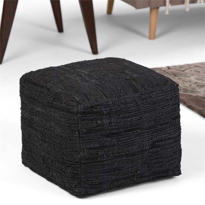 Simpli Home Fredrik Boho Square Pouf in Black Woven Genuine Leather