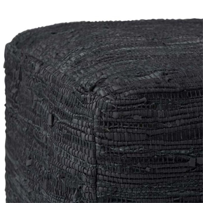 Simpli Home Fredrik Boho Square Pouf in Black Woven Genuine Leather