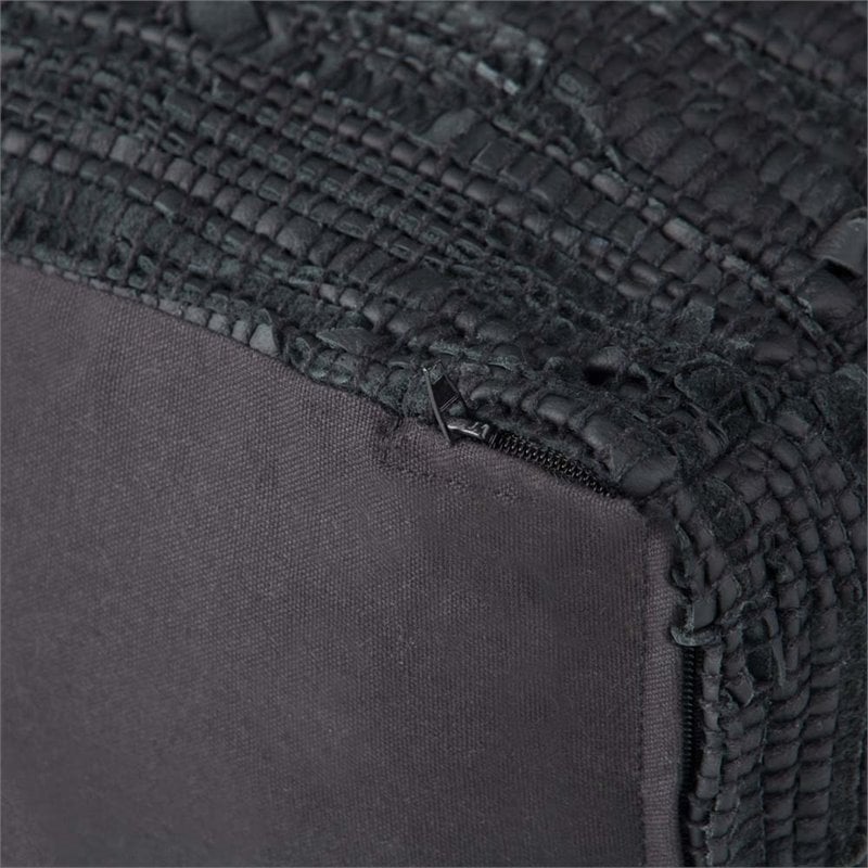 Simpli Home Fredrik Boho Square Pouf in Black Woven Genuine Leather
