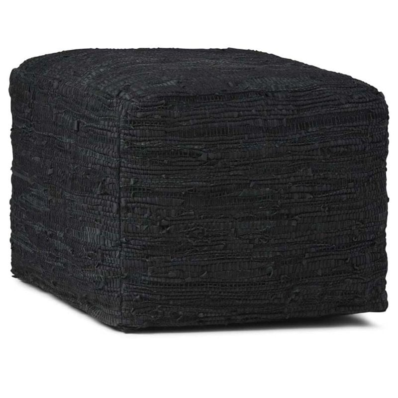 Simpli Home Fredrik Boho Square Pouf in Black Woven Genuine Leather