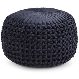 Simpli Home Renee Boho Round Pouf in Navy Velvet Fabric