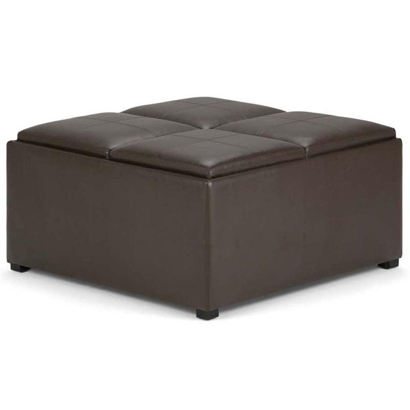 Simpli Home Avalon Square Faux Leather Ottoman in Chocolate Brown