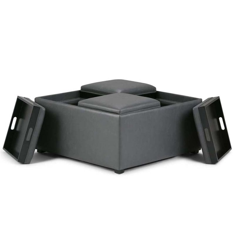 Simpli Home Avalon Square Faux Leather Ottoman in Stone Gray