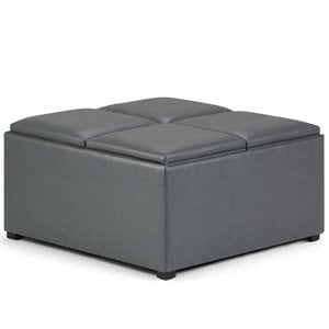 Simpli Home Avalon Square Faux Leather Ottoman in Stone Gray