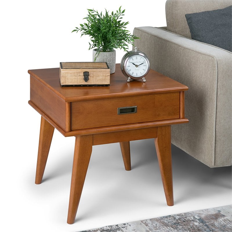 Draper 22 inch Wide SOLID HARDWOOD Rectangle Mid Century End Table in Teak Brown