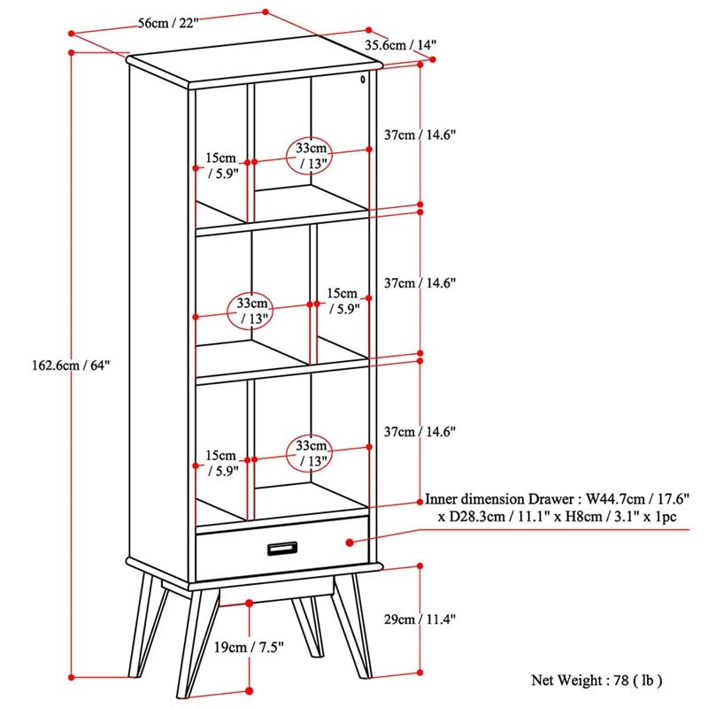 draper solid hardood 64x 22 &quotmodern wood bookcase and storage unit in teak brown