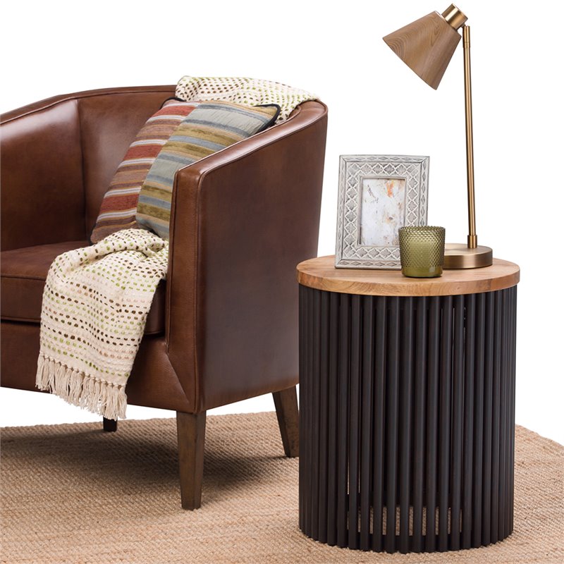Wood Accent Side Table In Natural Black, 18 Inch Wide Side Table