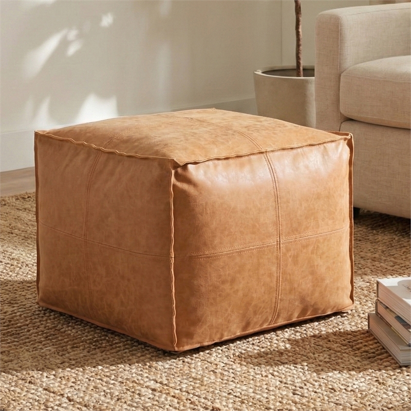 Simpli Home Brody Boho Square Pouf in Distressed Brown Faux Leather