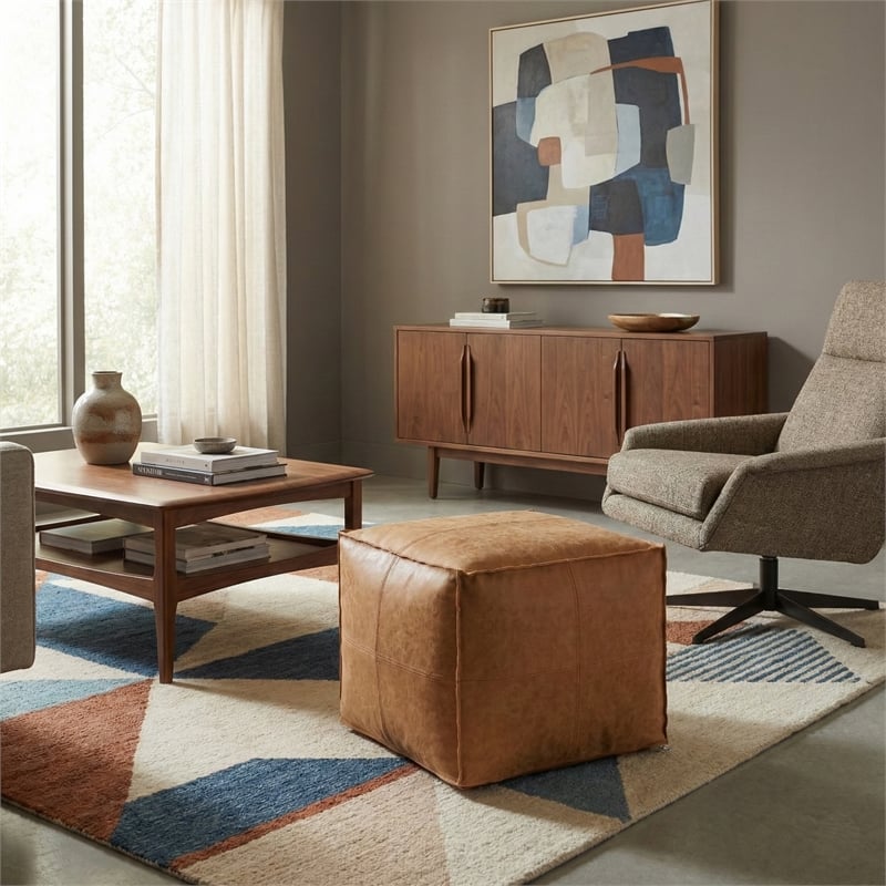 Simpli Home Brody Boho Square Pouf in Distressed Brown Faux Leather