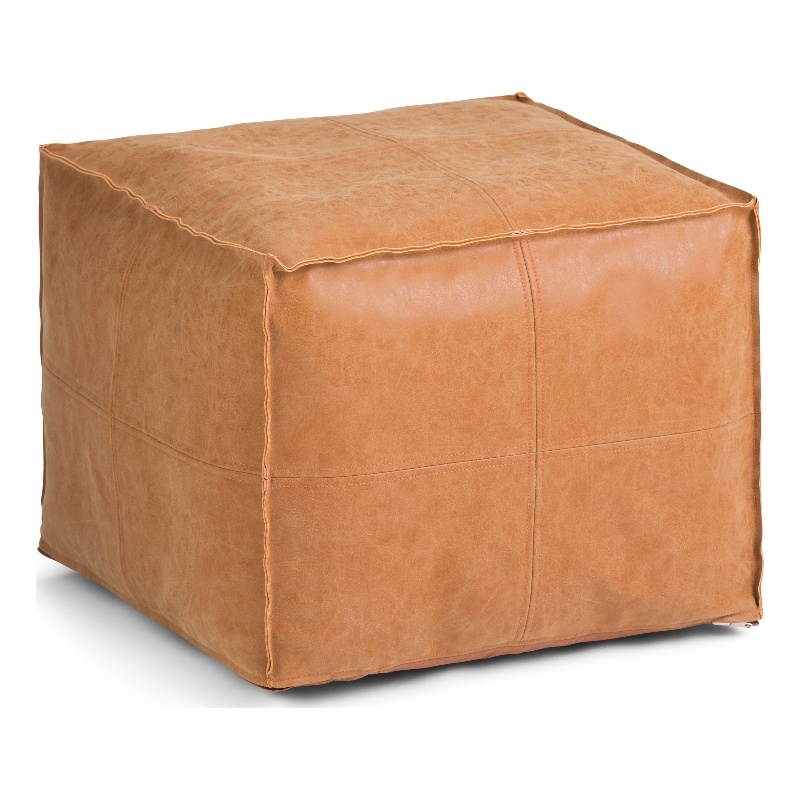 Simpli Home Brody Boho Square Pouf in Distressed Brown Faux Leather