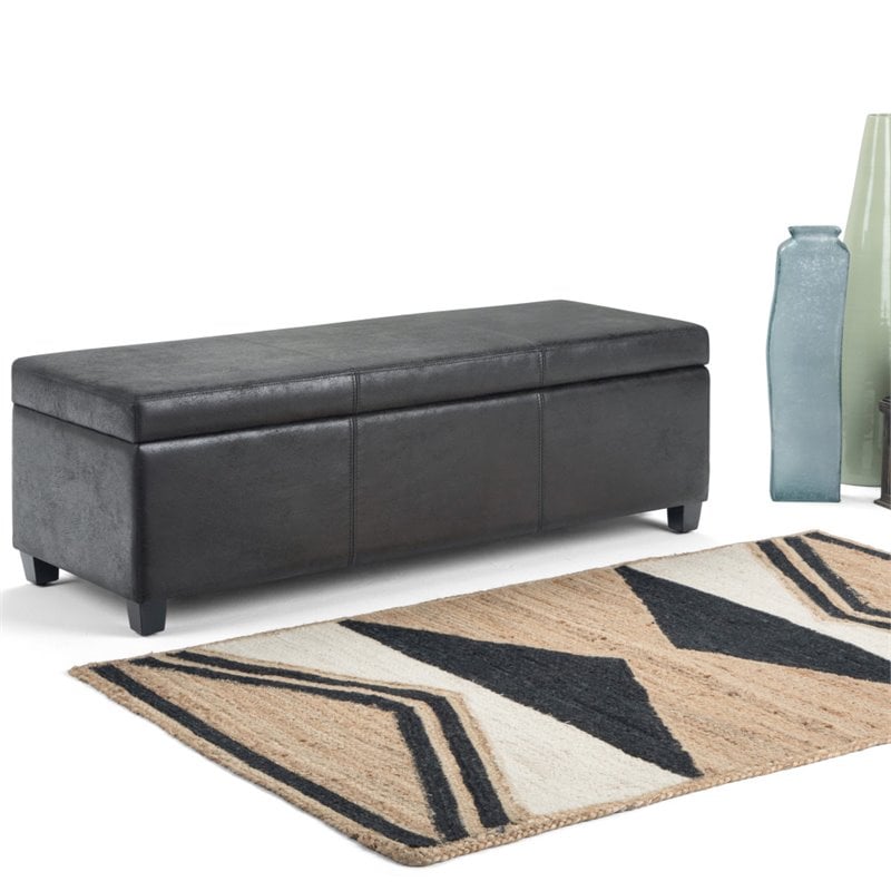 Simpli Home Avalon Faux Leather Storage Ottoman Bench in Black
