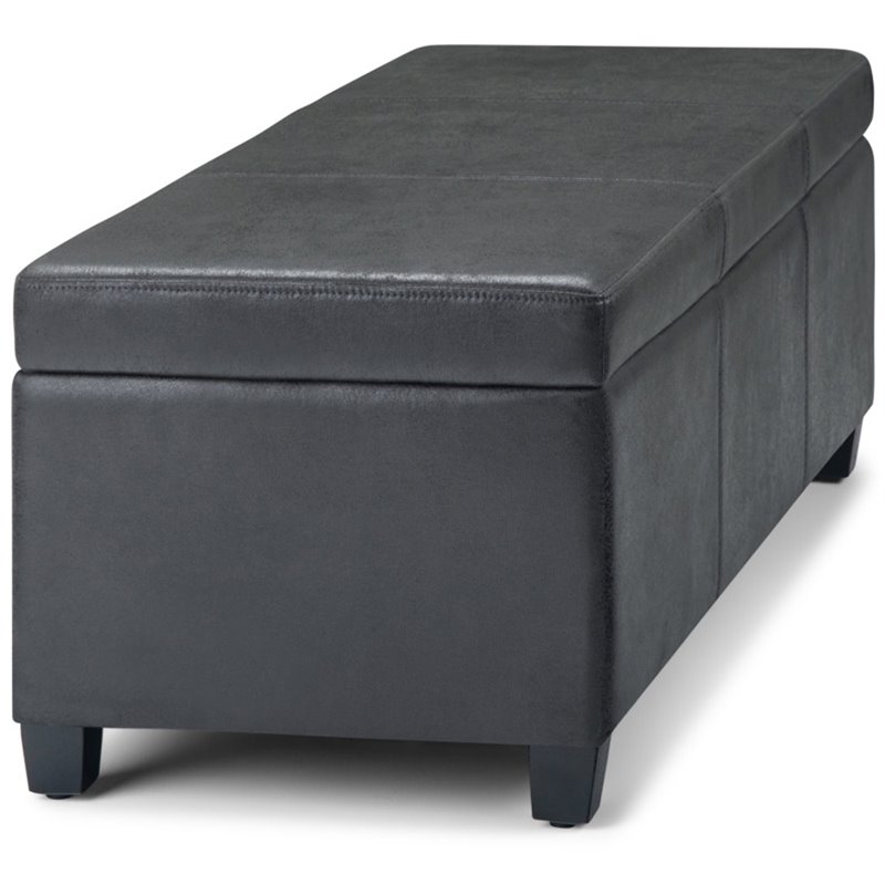 Simpli Home Avalon Faux Leather Storage Ottoman Bench in Black