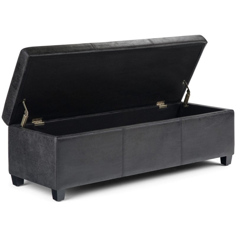 Simpli Home Avalon Faux Leather Storage Ottoman Bench in Black