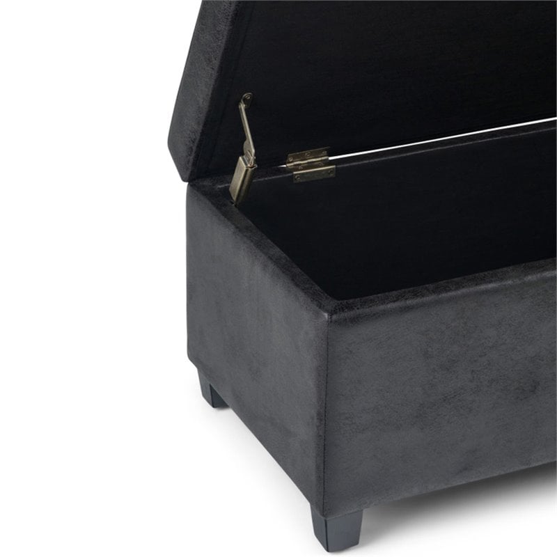 Simpli Home Avalon Faux Leather Storage Ottoman Bench in Black