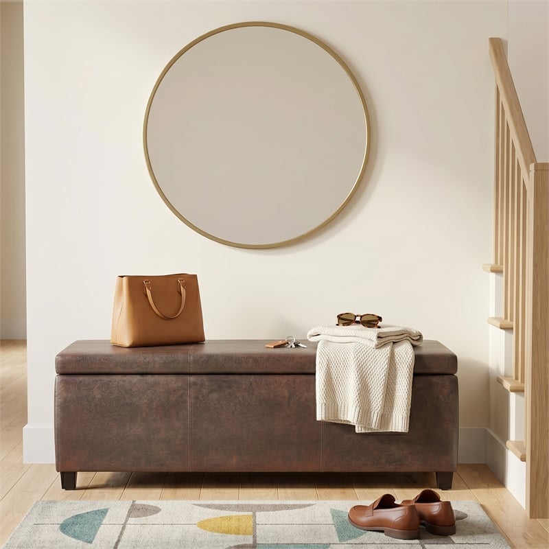 simpli home avalon faux leather storage ottoman bench in brown