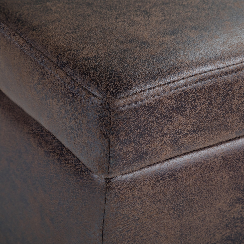 simpli home avalon faux leather storage ottoman bench in brown