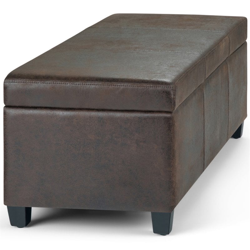 simpli home avalon faux leather storage ottoman bench in brown
