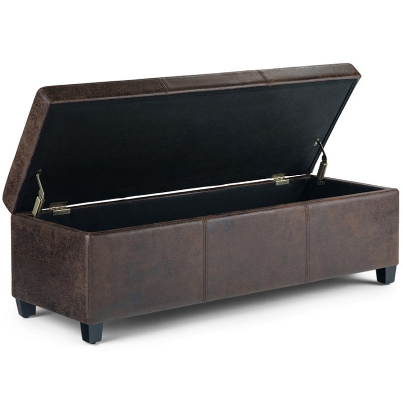 simpli home avalon faux leather storage ottoman bench in brown
