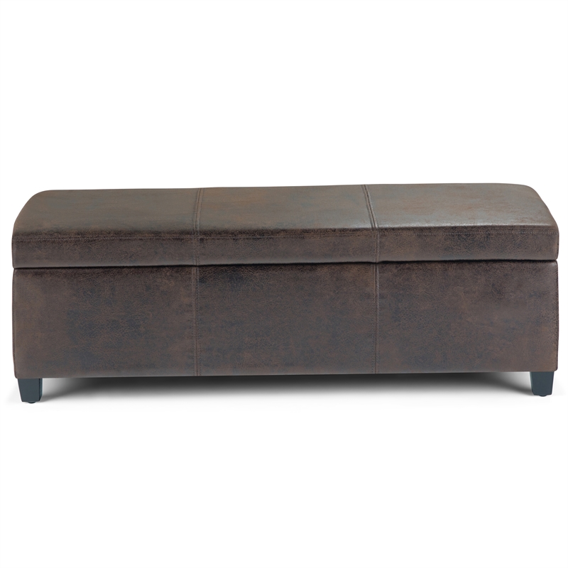 simpli home avalon faux leather storage ottoman bench in brown
