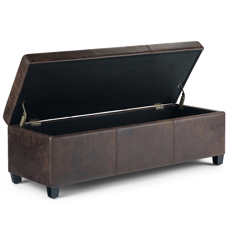 simpli home avalon faux leather storage ottoman bench in brown