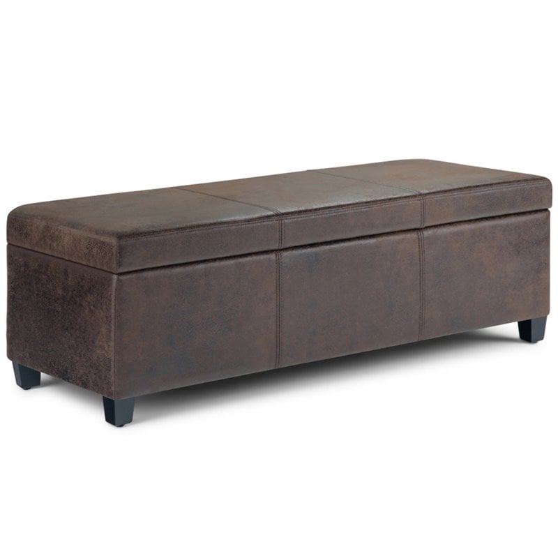 Simpli Home Avalon Faux Leather Storage Ottoman Bench in Brown