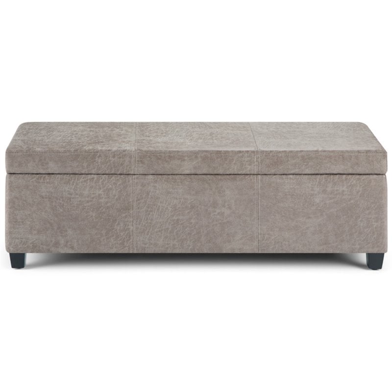 Simpli Home Avalon Faux Leather Storage Ottoman Bench in Distressed Gray Taupe