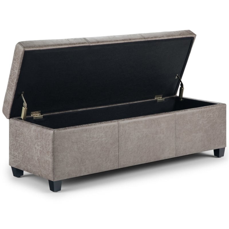 Simpli Home Avalon Faux Leather Storage Ottoman Bench in Distressed Gray Taupe