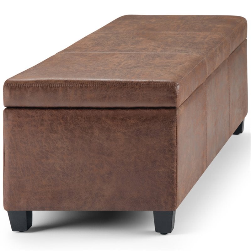 Simpli Home Avalon Faux Leather Storage Ottoman Bench in Distressed Umber Brown