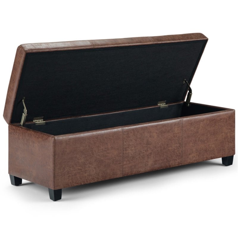 Simpli Home Avalon Faux Leather Storage Ottoman Bench in Distressed Umber Brown
