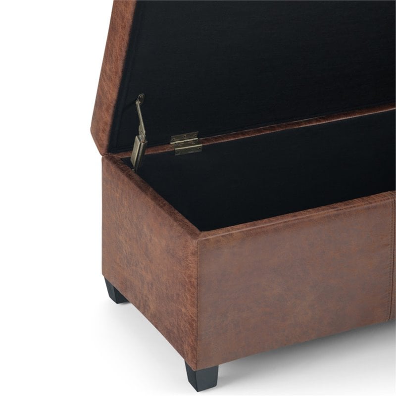 Simpli Home Avalon Faux Leather Storage Ottoman Bench in Distressed Umber Brown
