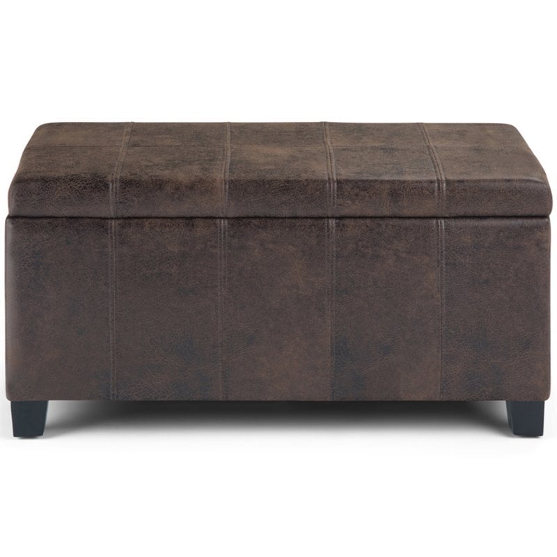 Simpli Home Dover Faux Leather Storage Ottoman Bench in Brown