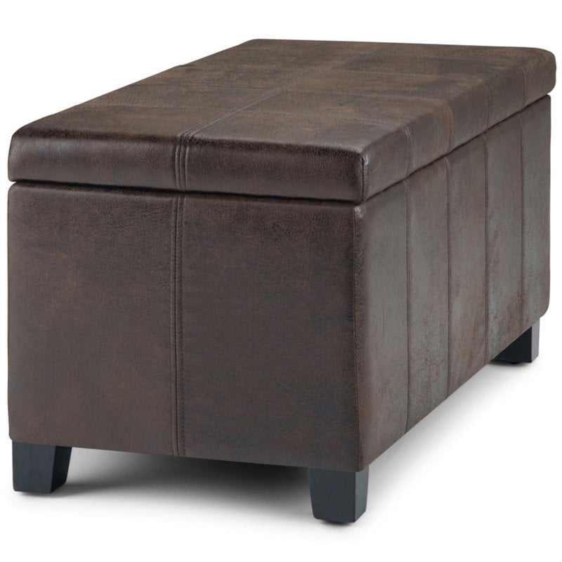 Simpli Home Dover Faux Leather Storage Ottoman Bench in Brown