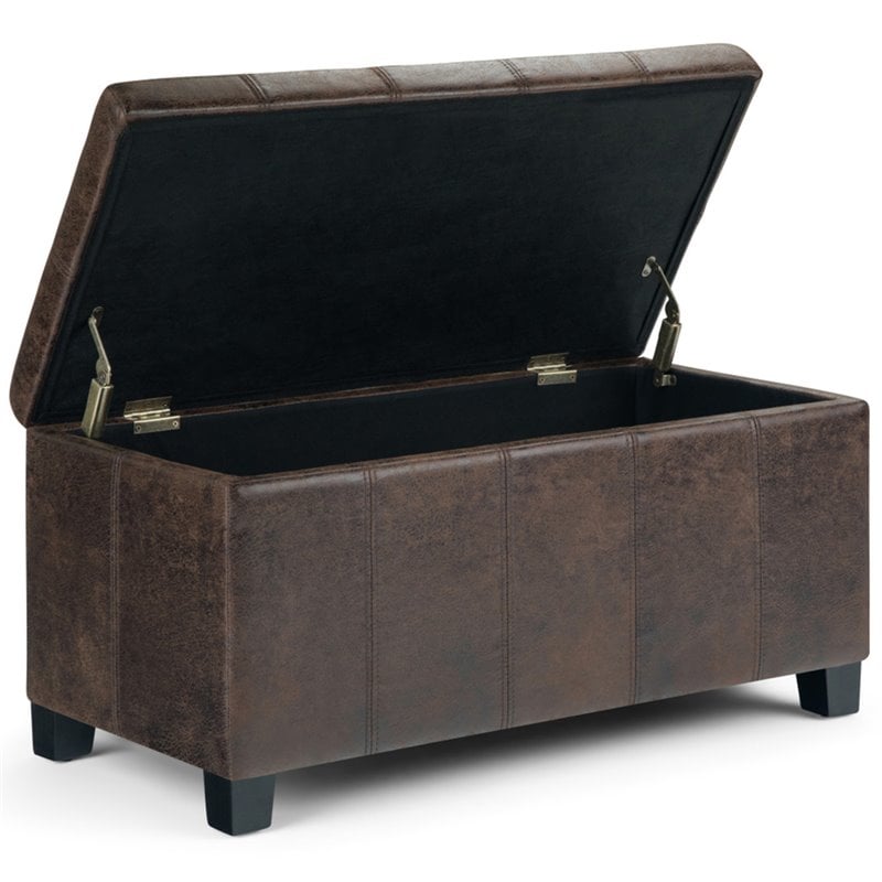 Simpli Home Dover Faux Leather Storage Ottoman Bench in Brown