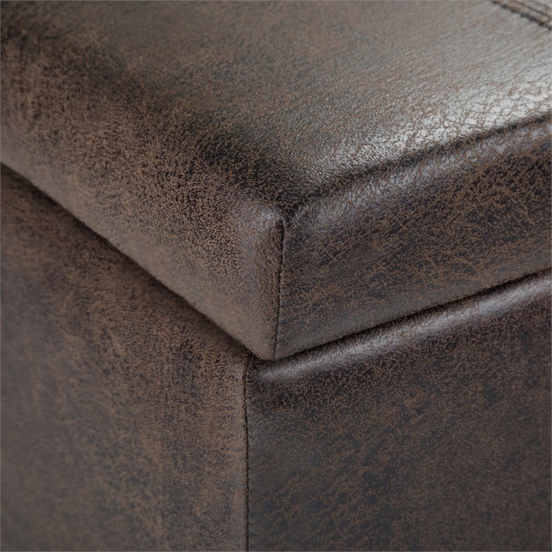 Simpli Home Dover Faux Leather Storage Ottoman Bench in Brown