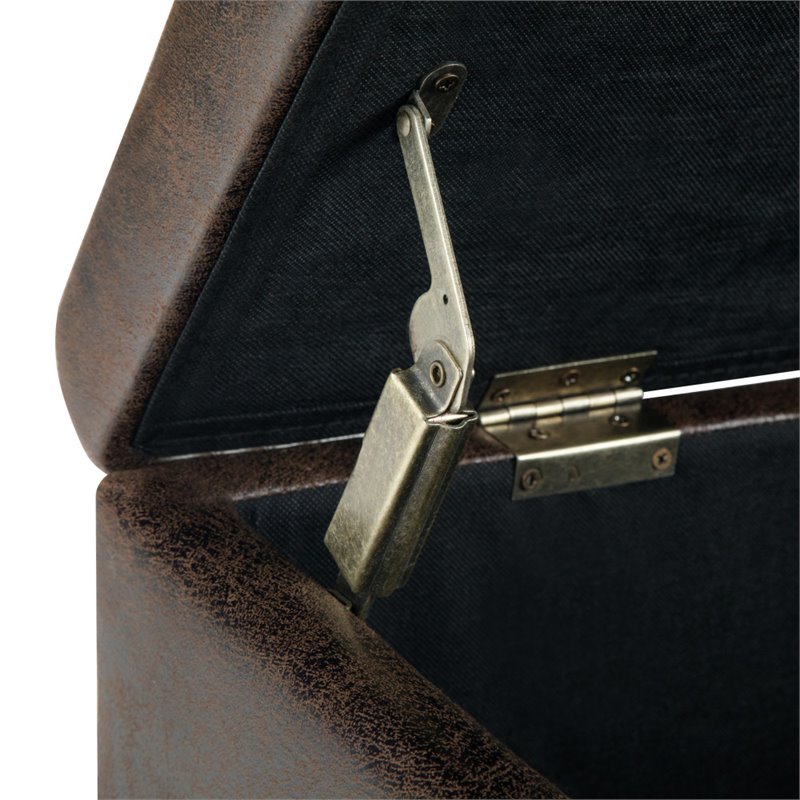 Simpli Home Dover Faux Leather Storage Ottoman Bench in Brown