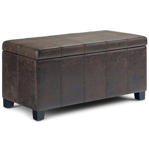 simpli home dover faux leather storage ottoman bench in brown