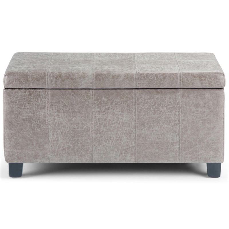 Simpli Home Dover Faux Leather Storage Ottoman Bench in Gray Taupe