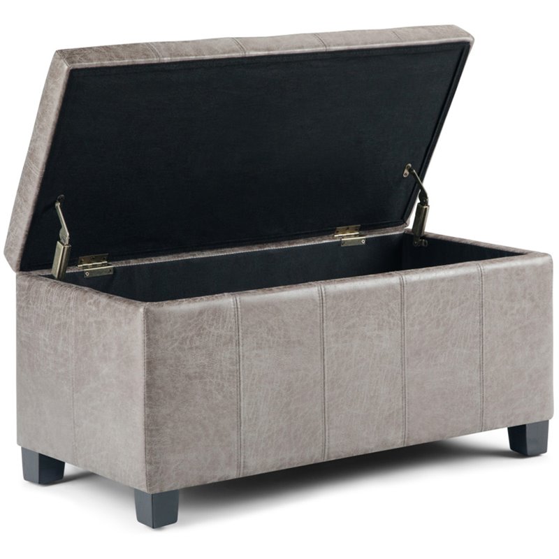 Simpli Home Dover Faux Leather Storage, Grey Faux Leather Storage Bench
