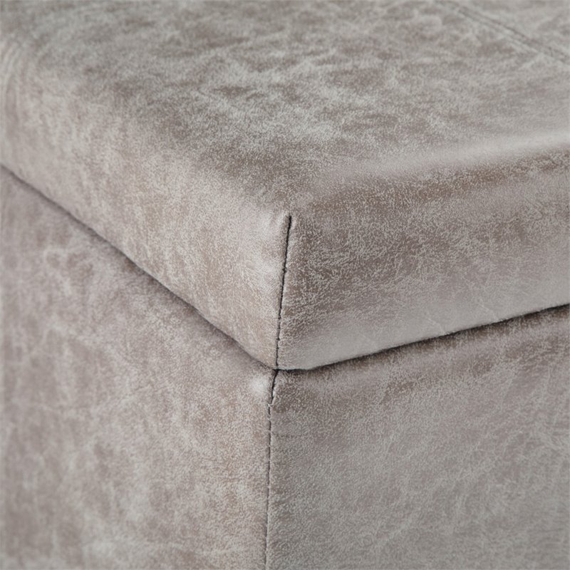 Simpli Home Dover Faux Leather Storage Ottoman Bench in Gray Taupe