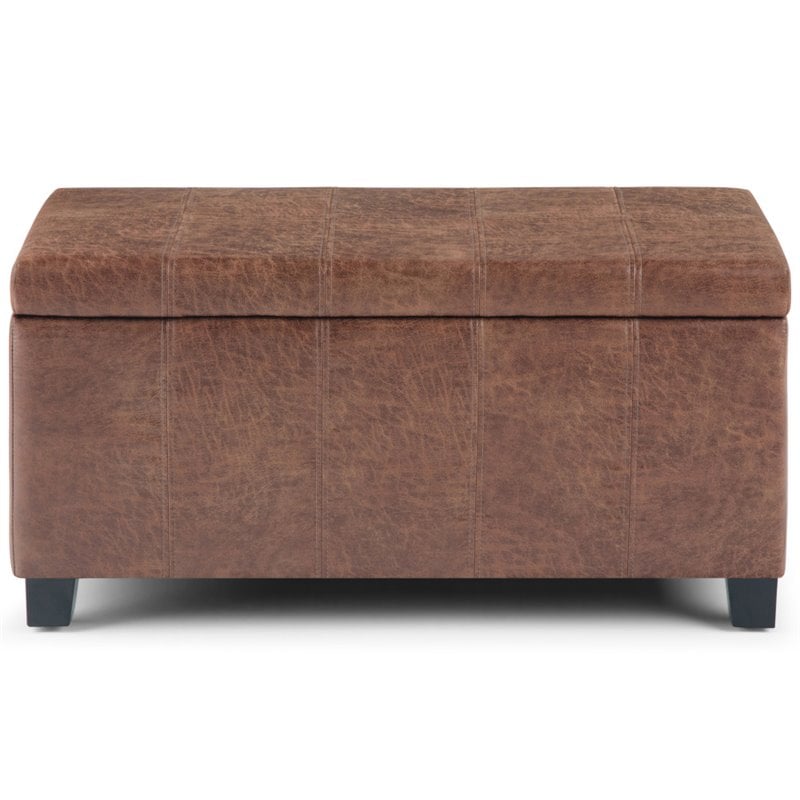 Simpli Home Dover Faux Leather Storage Ottoman Bench in Umber Brown