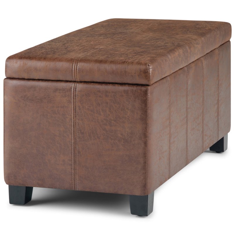 Simpli Home Dover Faux Leather Storage Ottoman Bench in Umber Brown