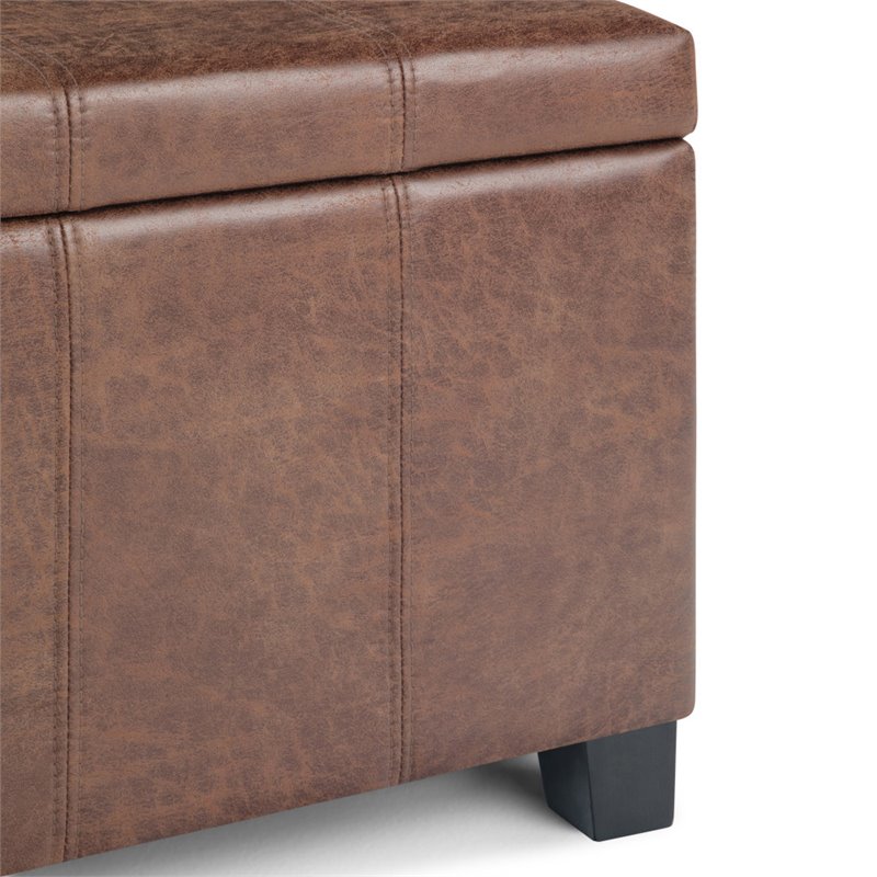 Simpli Home Dover Faux Leather Storage Ottoman Bench in Umber Brown