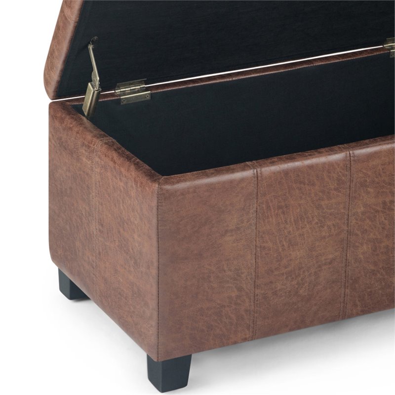 Simpli Home Dover Faux Leather Storage Ottoman Bench in Umber Brown