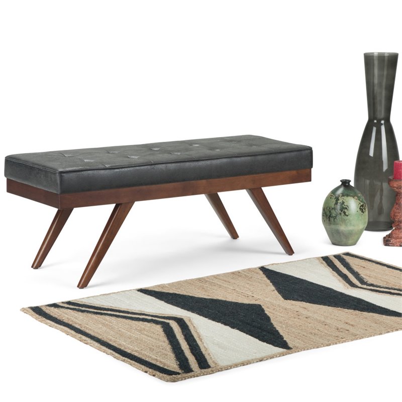 Pierce 48 inch W Modern Rectangle Ottoman Bench in Distressed Black Faux Leather