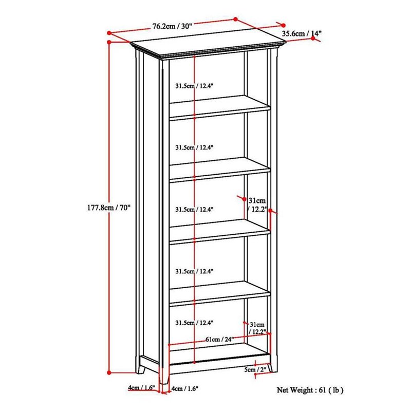 Amherst 30 inch Wide Solid Wood Transitional 5 Shelf Bookcase in White