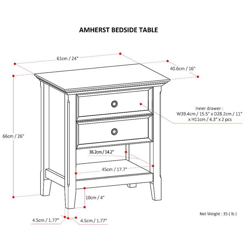 Amherst 24 inch Wide Solid Wood Transitional Bedside Table in White